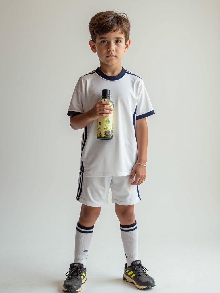 Image of a child in a soccer kit holding a bottle. The child stands face on to the camera in a studio setting. Bright and neutral background. Focus on the soccer attire and the bottle being held.