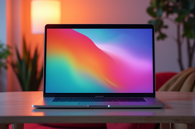 A laptop with a vibrant, colorful screen sits on a wooden table in a dimly lit room.