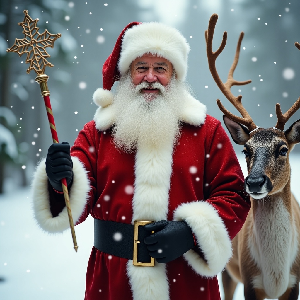 Realistic depiction of Santa Claus with a wand and a reindeer in a snowy environment. Santa wears a traditional red suit with fur trim. He smiles. The reindeer has prominent antlers. Snow falls gently, enhancing the winter scene.