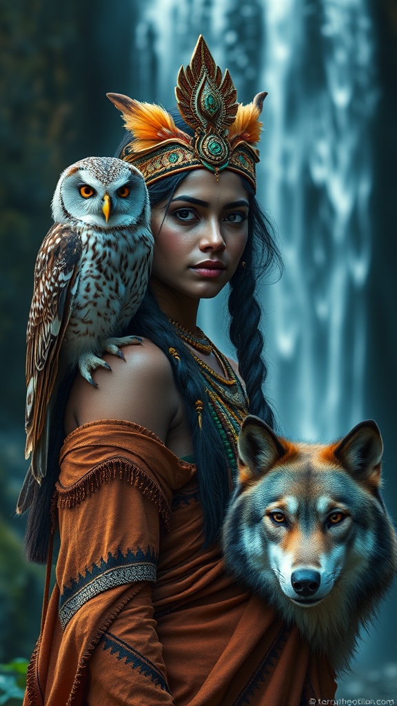 A mystical woman in a headdress stands with an owl and a wolf in front of a waterfall.