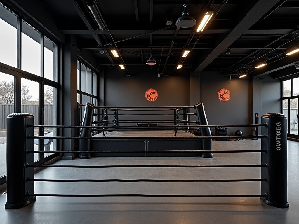 This image showcases a Muay Thai gym located in a spacious 200sqm warehouse. The interior is predominantly black, featuring modern aesthetics and industrial elements. At the center, there is a boxing ring, inviting trainers and athletes alike. The gym is equipped with various strength training tools to complement boxing practice. Large windows provide ample lighting, adding to the ambiance of the space, which is further enhanced by focused lighting on the boxing ring.