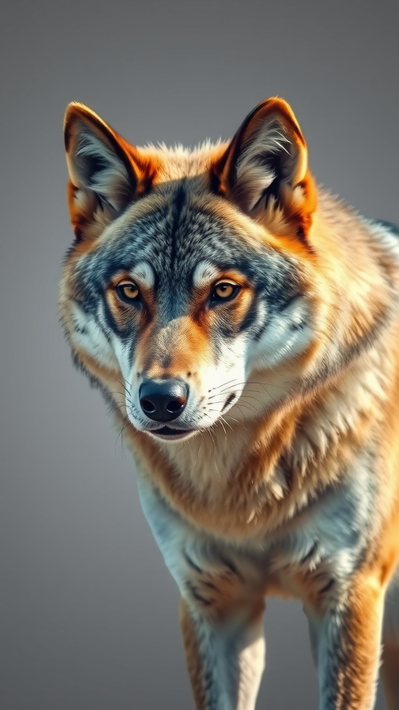 This image is a digital artwork depicting a close-up portrait of a wolf. The wolf's intelligent eyes and detailed fur texture are captured with vibrant hues of orange, grey, and white, giving life to its majestic and fierce nature. The background is softly blurred, which makes the wolf the central point of attention, emphasizing its commanding presence.