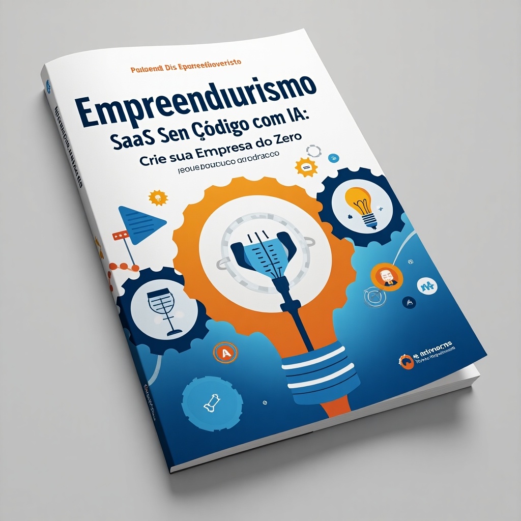 Close up photo of a book cover titled 'Empreendedorismo SaaS Sem Código com IA: Crie sua Empresa do Zero'. Focus on the design elements.