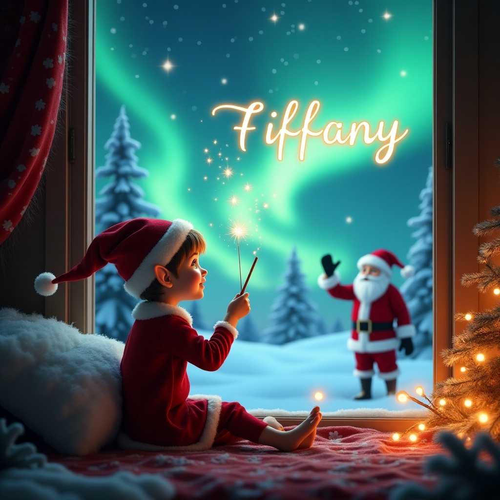 A young elf character sits by a cozy window during Christmas. The elf wears a festive outfit. Outside are breathtaking northern lights. The elf joyfully uses a wand to write 'Tiffany' in the sky. Santa Claus appears in the background. The setting features snow-covered trees and a warm ambiance.