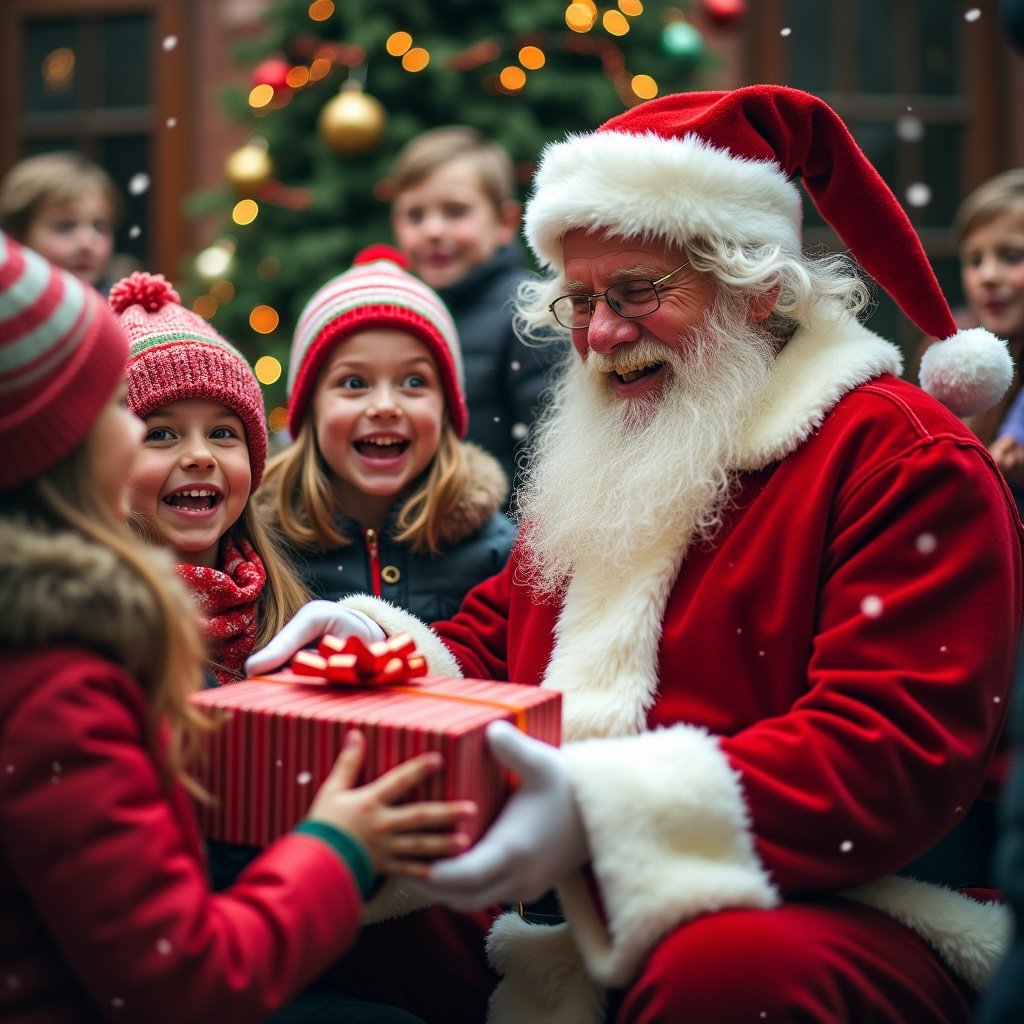 A jolly Santa Claus surrounded by children during a festive holiday scene. Santa in his traditional red suit joyfully hands gifts to excited kids. Children wear colorful winter hats and cozy jackets, smiling brightly. The background has Christmas lights and ornaments. Snowflakes gently fall, adding a magical atmosphere.