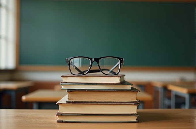 A pair of glasses rests atop a stack of books in an empty classroom.