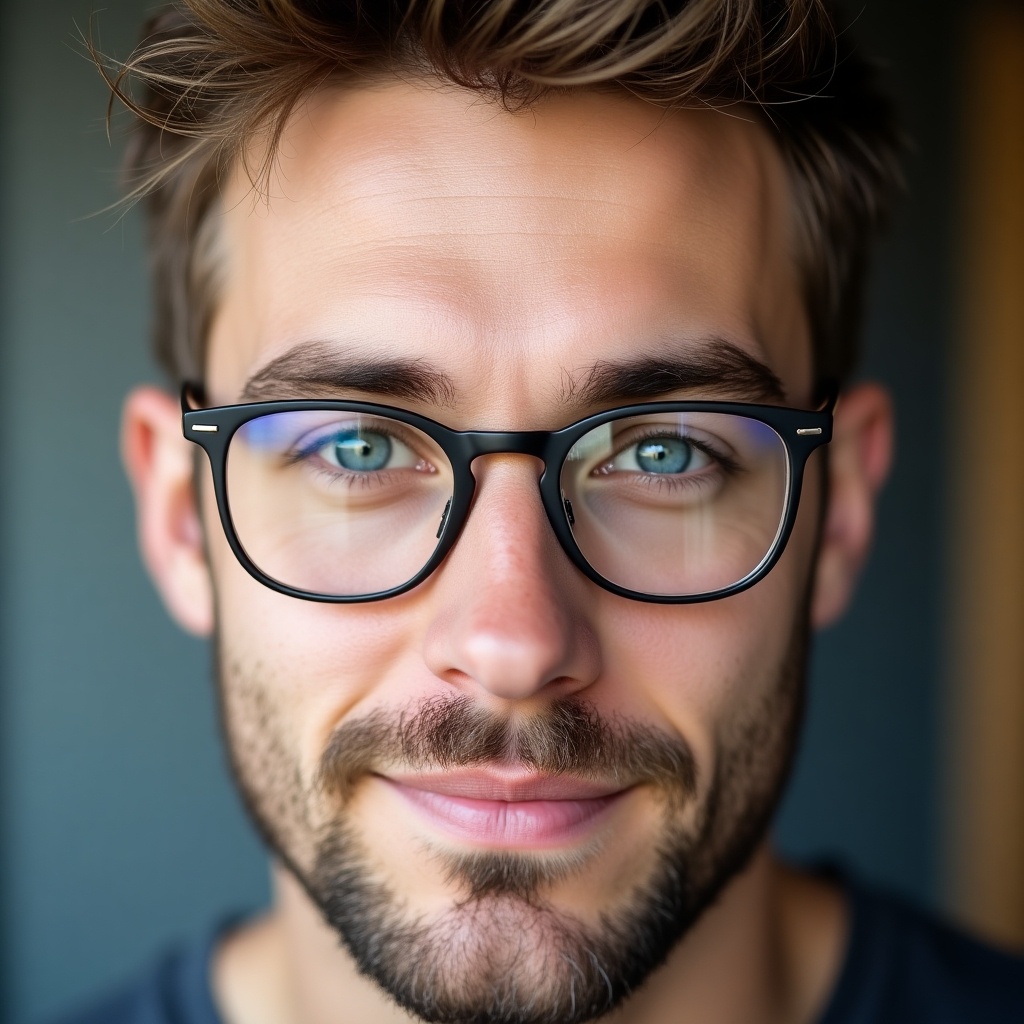 Close-up portrait of a young man with a confident expression. Short, stylish hair and well-groomed beard. Striking blue eyes stand out against fair skin. Modern prescription glasses with thin metal frame. Understated design for trendy and sophisticated look.