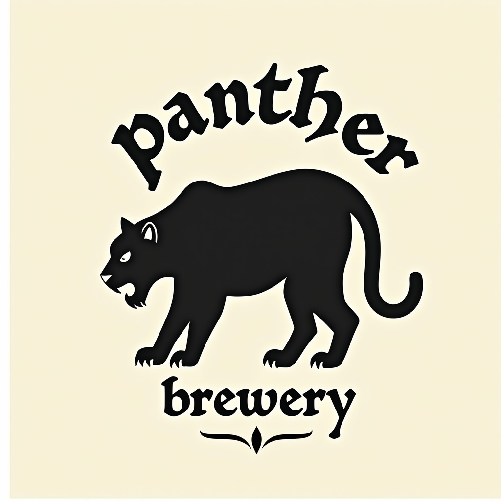 Vector logo featuring a silhouette of a black panther. Simple shapes and lines used. Minimal black and white design. Includes the words 'panther brewery' in a swirling serif typeface. Suitable for a craft beer bottle label.