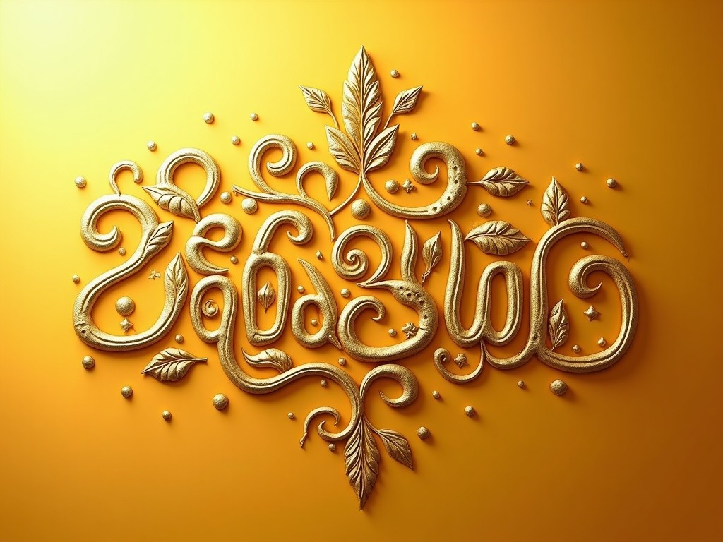 The image features beautiful Malayalam calligraphy of 'ശ്രീ ശാസ്ത' set against a shining golden background. The text is adorned with elegant swirls, leaves, and decorative elements that enhance its artistic appeal. This piece reflects a blend of tradition and artistry, making it visually striking. The warm lighting creates a glowing effect that accentuates the golden hues. It's perfect for use in various artistic or promotional contexts.