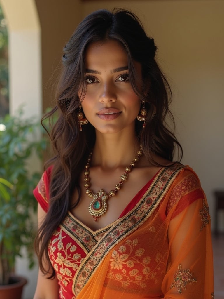 A woman wearing a beautiful traditional Indian saree. The saree is orange with red embellishments. The blouse has intricate embroidery. She wears a statement necklace. The setting is indoors with natural light. Long flowing hair adds to the elegance.