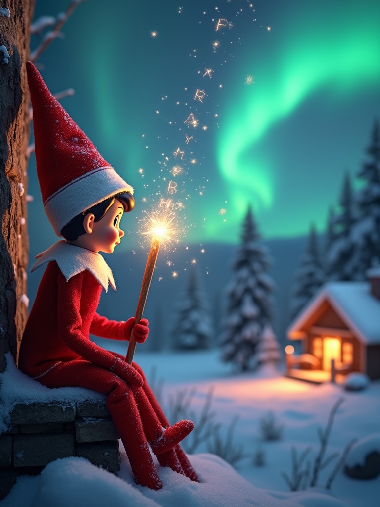 Elf on the shelf sits gazing at northern lights while holding a glowing wand. Background features a cozy house with warm light. Snow covers the ground creating a winter scene. Magical and festive elements surround the elf. Text appears in the air from the wand.