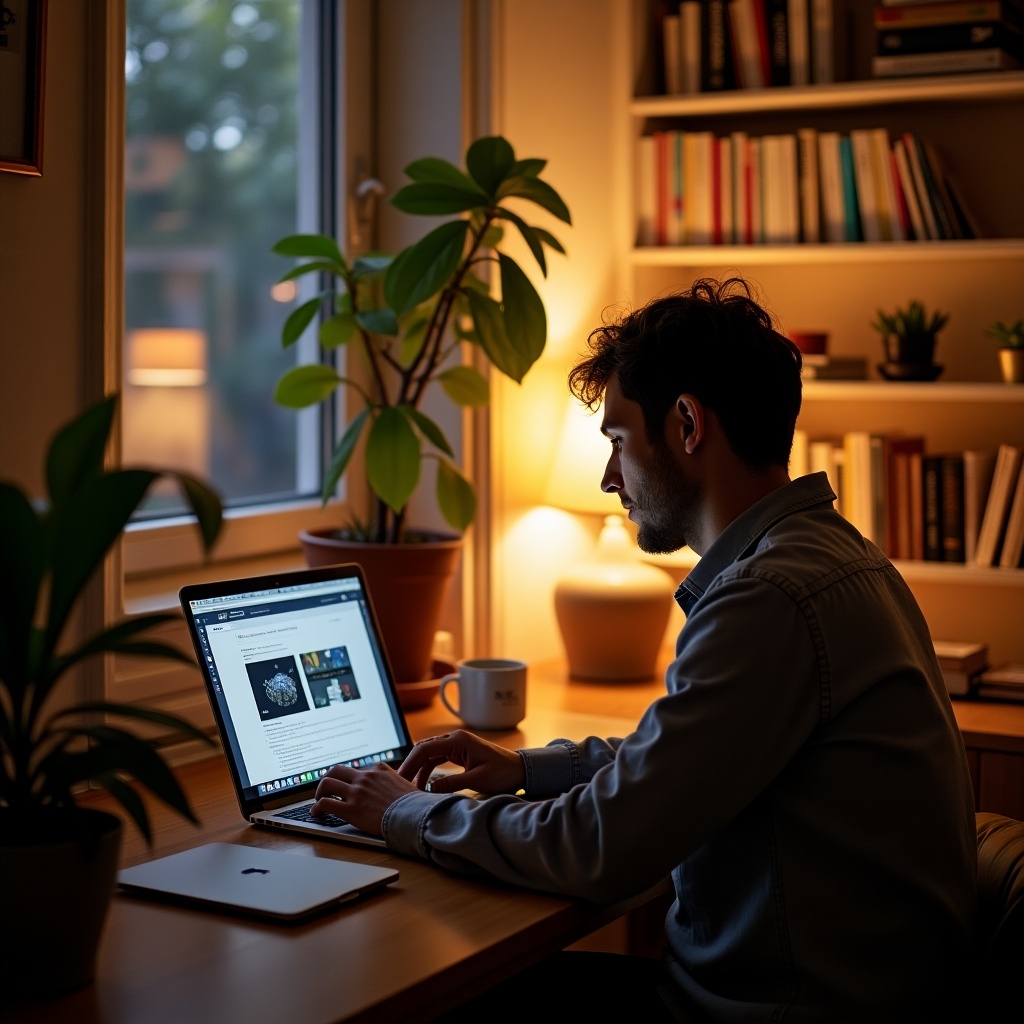 The image depicts a man coding on a Mac laptop in a cozy home office setting. The warm lighting creates an inviting atmosphere, highlighting the plants and bookshelves around him. He is focused on his work, giving a sense of productivity and creativity. The desk is neatly organized with a coffee mug beside his laptop. This scene represents a modern work-from-home lifestyle, ideal for tech enthusiasts and programmers.