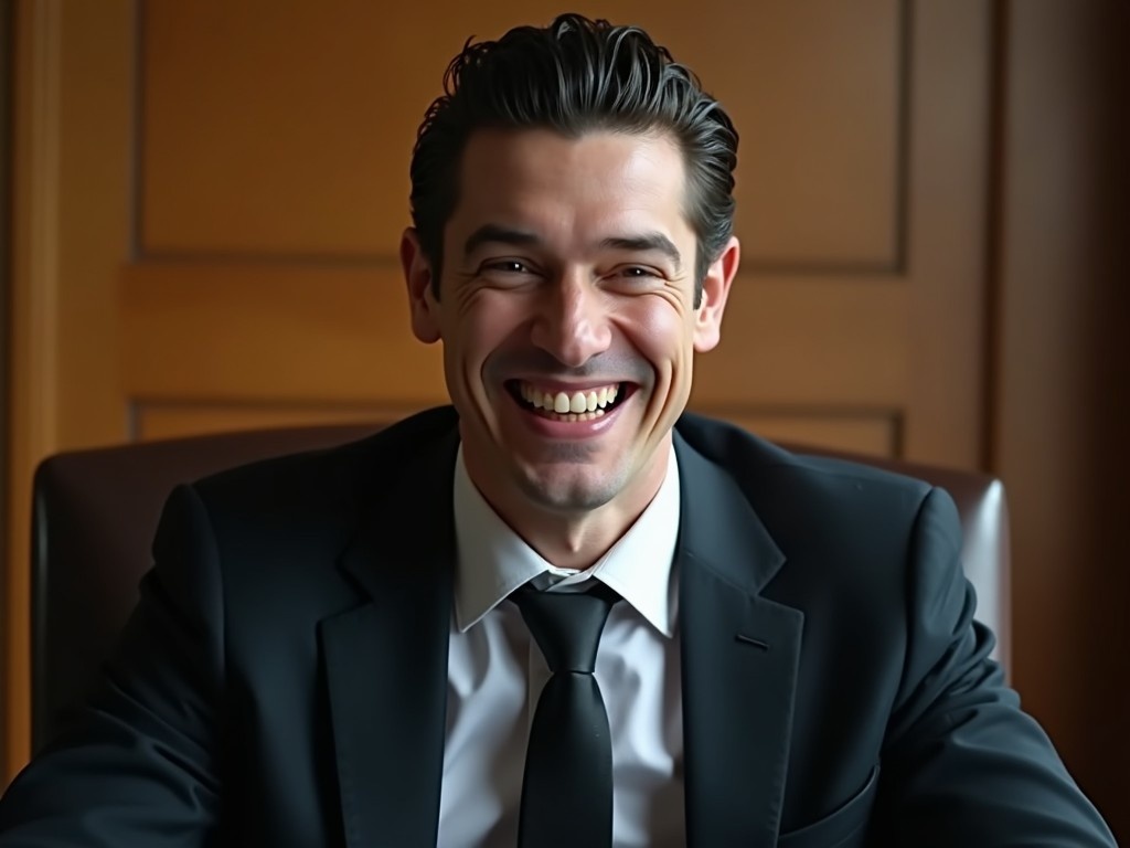 The image showcases a stylish man with slicked-back dark hair, dressed in a sharp suit and tie. He sits indoors against a warm wooden background, exuding confidence. His wide smile reveals sharp vampire teeth, introducing a supernatural touch. A subtle glow surrounds him, adding a mystical ambiance to the scene. Despite his vampire features, his expression is friendly and jovial, as though he's sharing a light-hearted moment. This striking combination of ordinary business attire and extraordinary vampire traits creates a unique contrast.