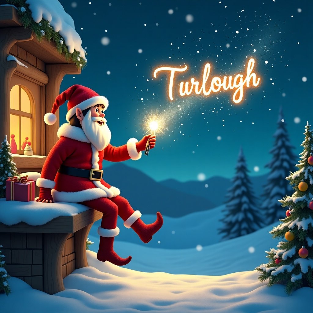 Elf on the shelf outside Santa's workshop under a starry sky. The elf uses a magical wand to write names in the sky. Snow covers the ground in a winter wonderland. 'Turlough' is elegantly written in sparkling light above the elf.