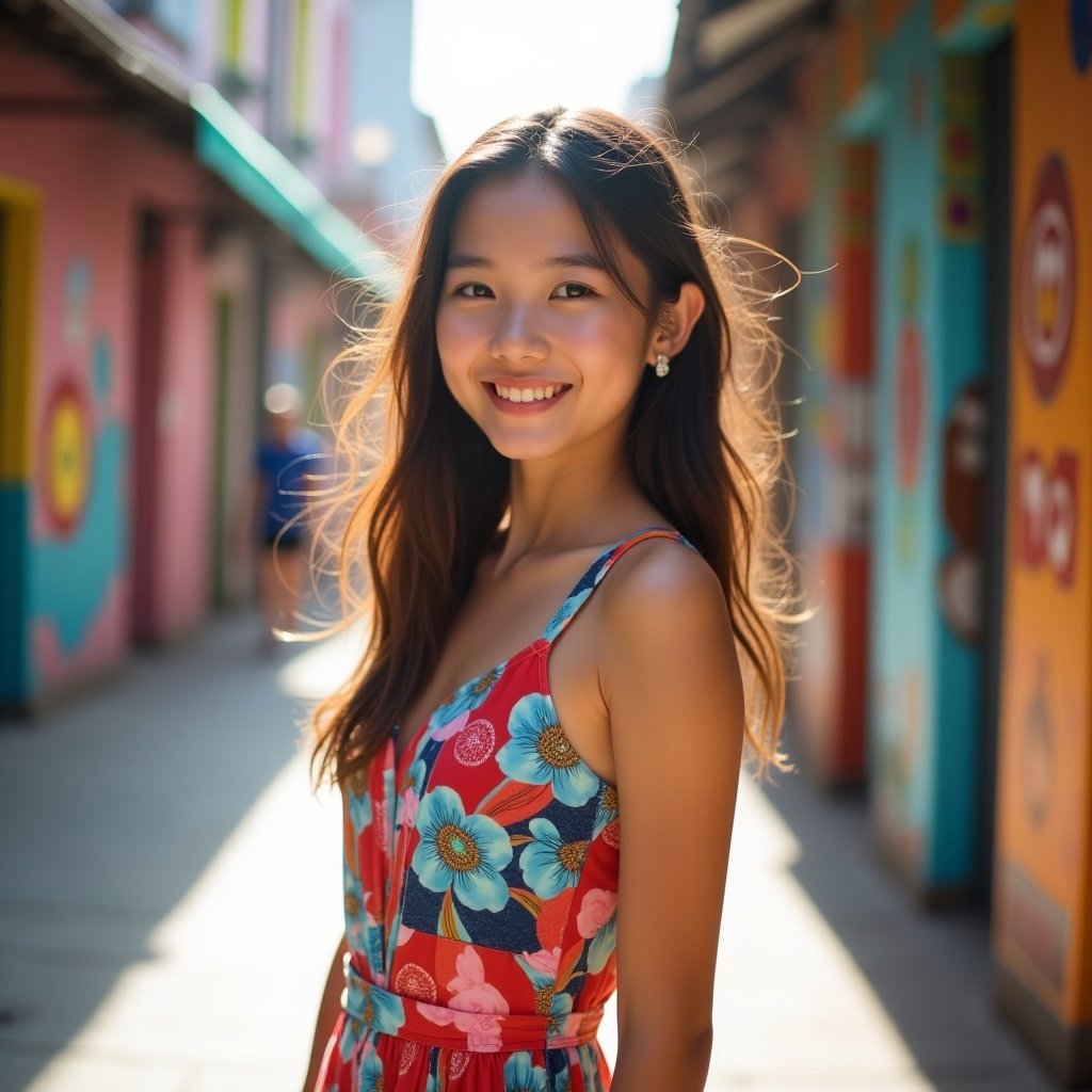 The image features a beautiful Asian girl smiling at the camera. She is wearing a vibrant floral micro mini dress that compliments her youthful appearance. The setting is lively and colorful, with bright background murals adding charm. Sunlight illuminates her, enhancing the warmth of the scene. Her long hair flows gently, creating a relaxed, carefree vibe. This image captures a joyful moment in an urban, artsy environment.