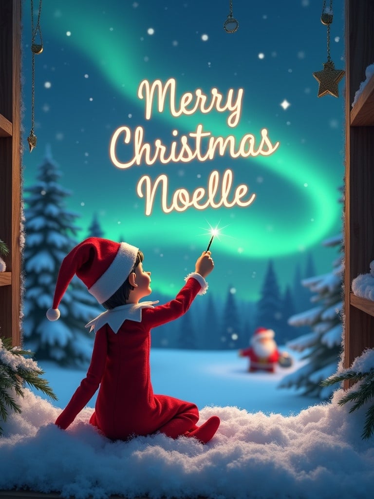 An enchanting Christmas scene features an elf on the shelf. The elf sits with its back to viewers, gazing upwards. It uses a wand to elegantly write ‘Merry Christmas Noelle' in the night sky. The background has stunning northern lights and a distant Santa Claus. Snow blankets the ground, creating a serene winter wonderland. This magical moment captures the essence of holiday joy and wonder.