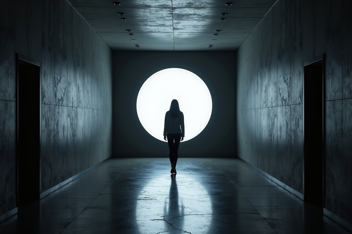 A silhouetted figure stands in front of a large, circular bright light within a modern, dimly lit hallway.