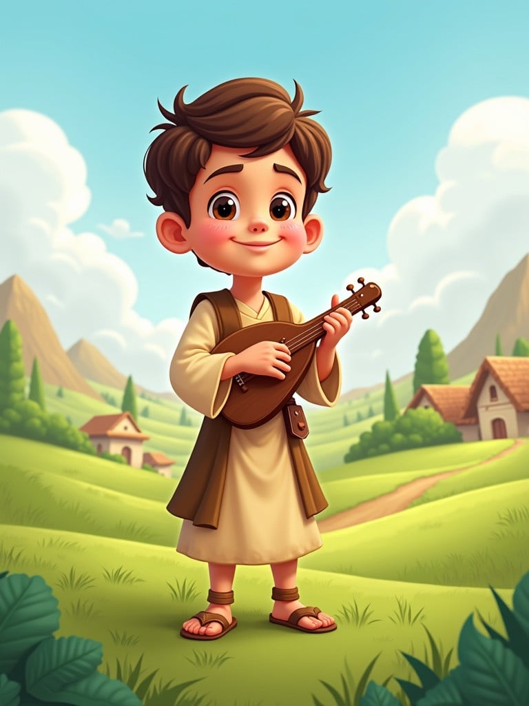 A cheerful cartoon illustration shows a young boy, David in ancient Babylon. He stands in vibrant green pastures. Behind him is a charming village. He is dressed in shepherd clothes. A peaceful and joyful expression is evident. He plays a small musical instrument.