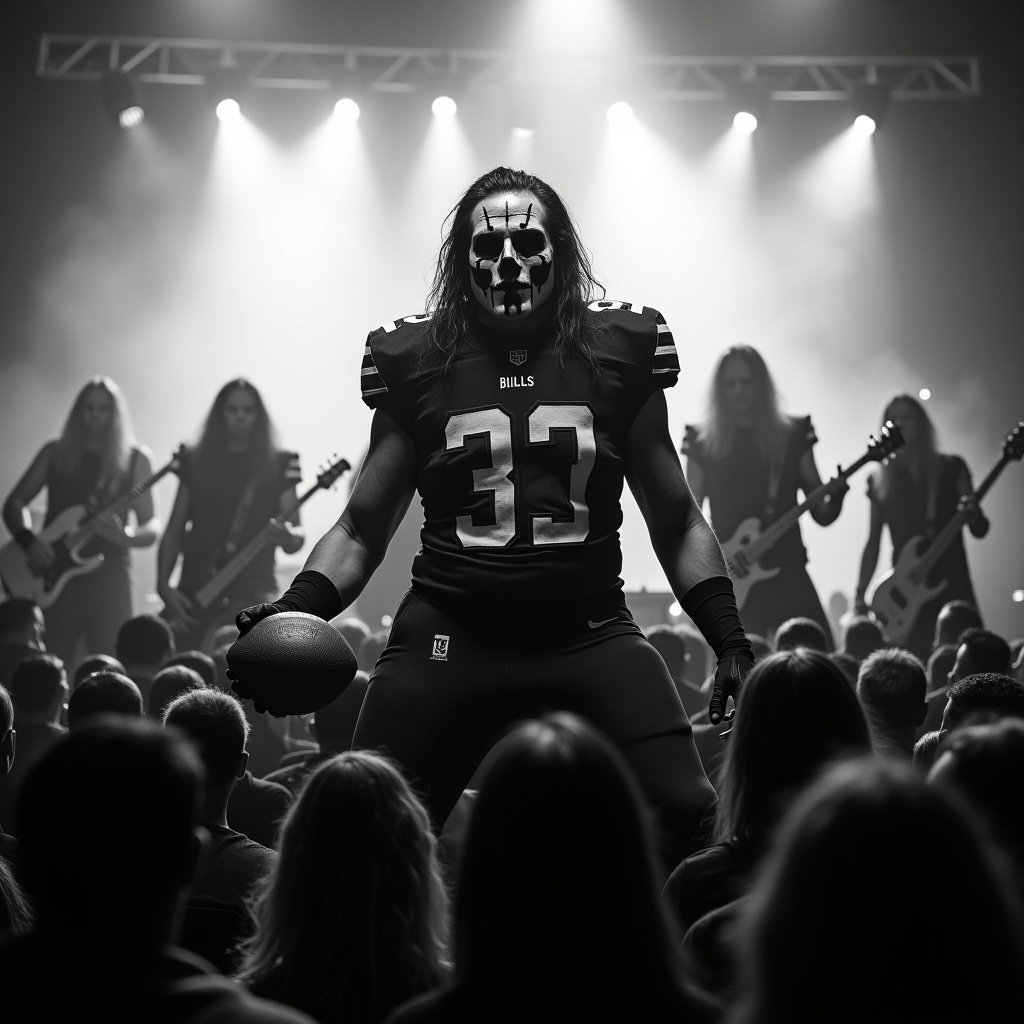 Black and white photo of a Buffalo Bills football player on stage. Player wears corpse paint. Holding a football. Facing the audience. Stage has dramatic lighting and smoke. Creates an eerie atmosphere. Displays unity among band members. Captivated crowd shows connection between musicians and fans.