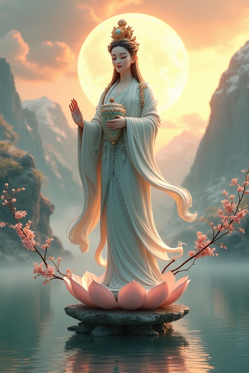 Guanyin Bodhisattva stands gracefully on lotus throne with gentle smile holding jade vase pouring silver light surrounded by willow branches with jeweled crown wearing flowing cloud-like robes with rose gold outlines. Misty snow-capped mountains and golden sunrise in background with mirrored lake reflecting Guanyin. High-contrast cinematic soft lighting in Disney Pixar style blended with dynamic realism and rustic texture.