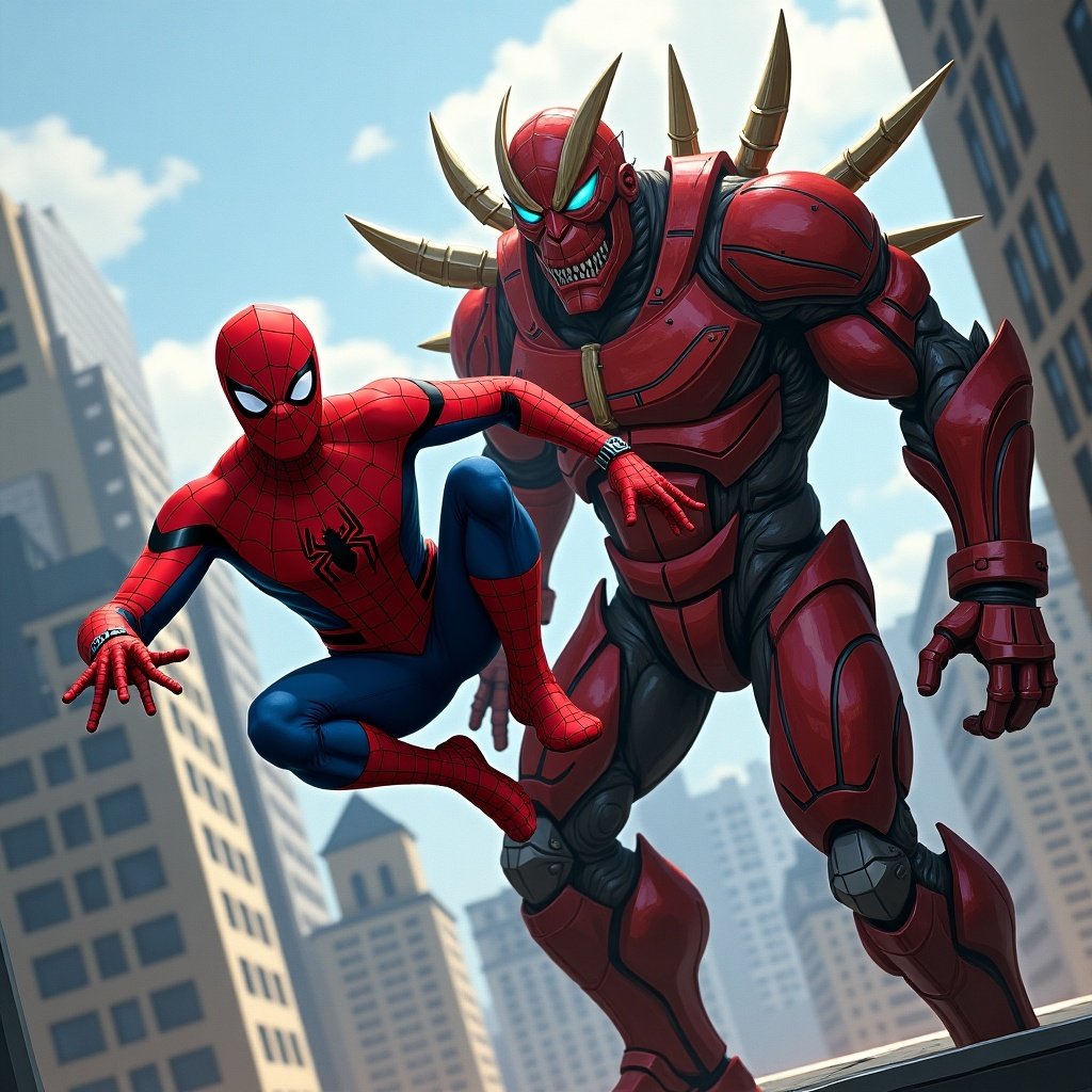 Spider-Man in dynamic pose with COLO COLO character in urban setting. Action-oriented comic art style. Vibrant colors and detailed background.