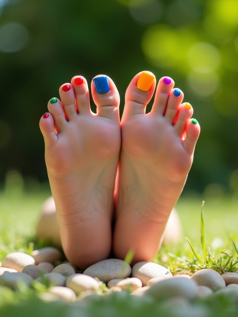 Feet in a natural setting. Colorful nail polish on toes. Summer atmosphere. Bright sunlight enhances colors. Rocks and grass in the background.