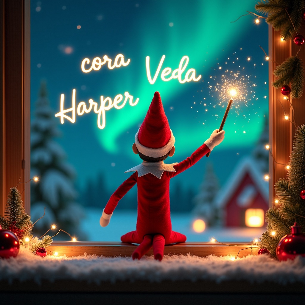 An enchanting Christmas scene featuring an elf on the shelf, who faces the sky with his back to the viewer. The elf, dressed in red and white, wields a magic wand, writing 'Cora', 'Harper', and 'Veda' in a glowing script above him. The backdrop is adorned with vibrant northern lights, creating a magical ambiance. The scene portrays the festive spirit of Christmas with a whimsical twist. The elf's position and action evoke a sense of wonder and excitement, capturing the joy of the holiday season.