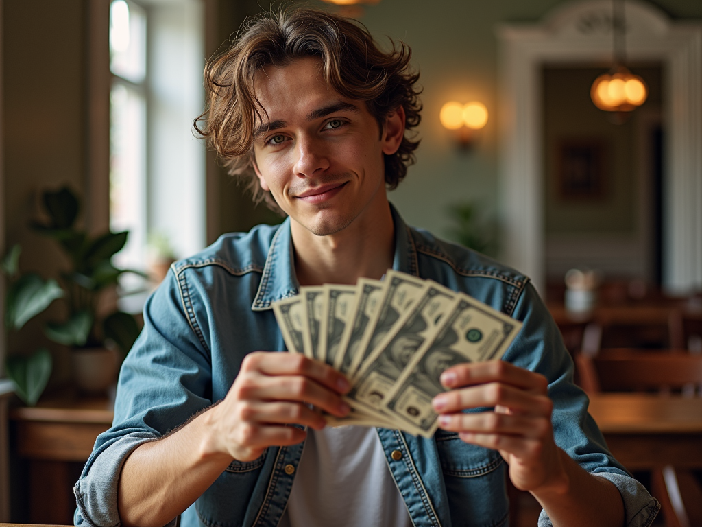 A young man in a denim jacket smiles while holding a fanned-out stack of US dollar bills indoors.