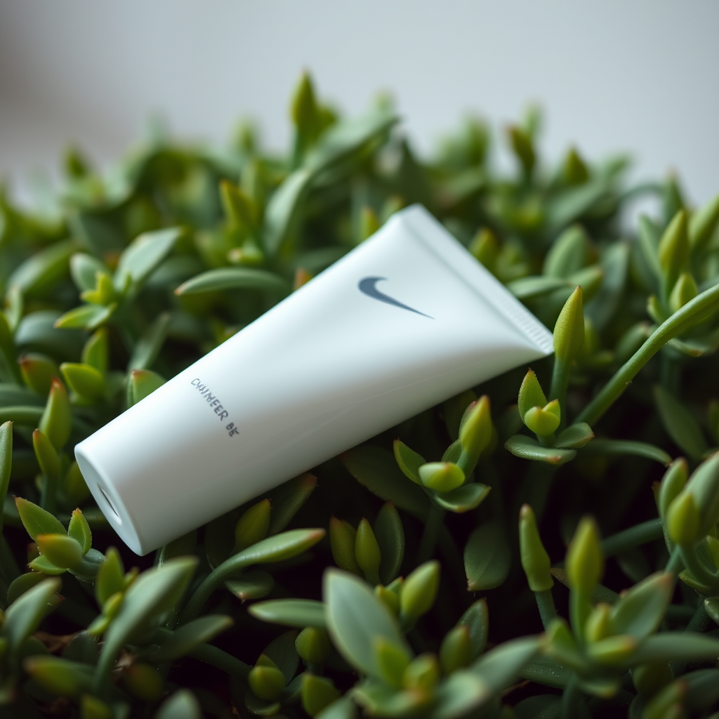 A white tube with a logo rests on green leafy plants.