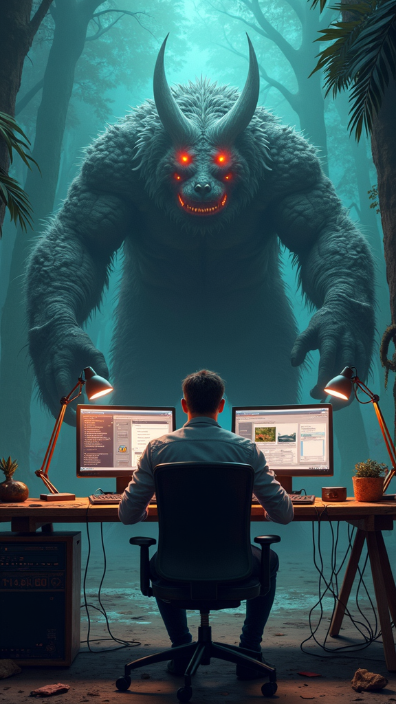 A person works at a computer, unaware of a giant horned creature approaching from behind in a forest setting.