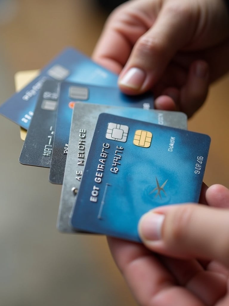 Close-up image of hands holding multiple debit and credit cards. Cards have EMV chips and various designs. There are different colors and styles of cards.