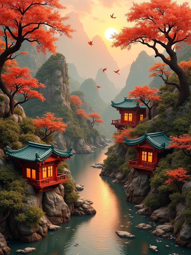 Scenic view of a serene river surrounded by mountains. Traditional Asian houses built on rocks along the riverbank. Bright autumn foliage in vibrant red and orange colors. Soft sunlight setting behind the mountains, illuminating the scene. Birds flying in the sky. Focus on harmony between nature and architecture.