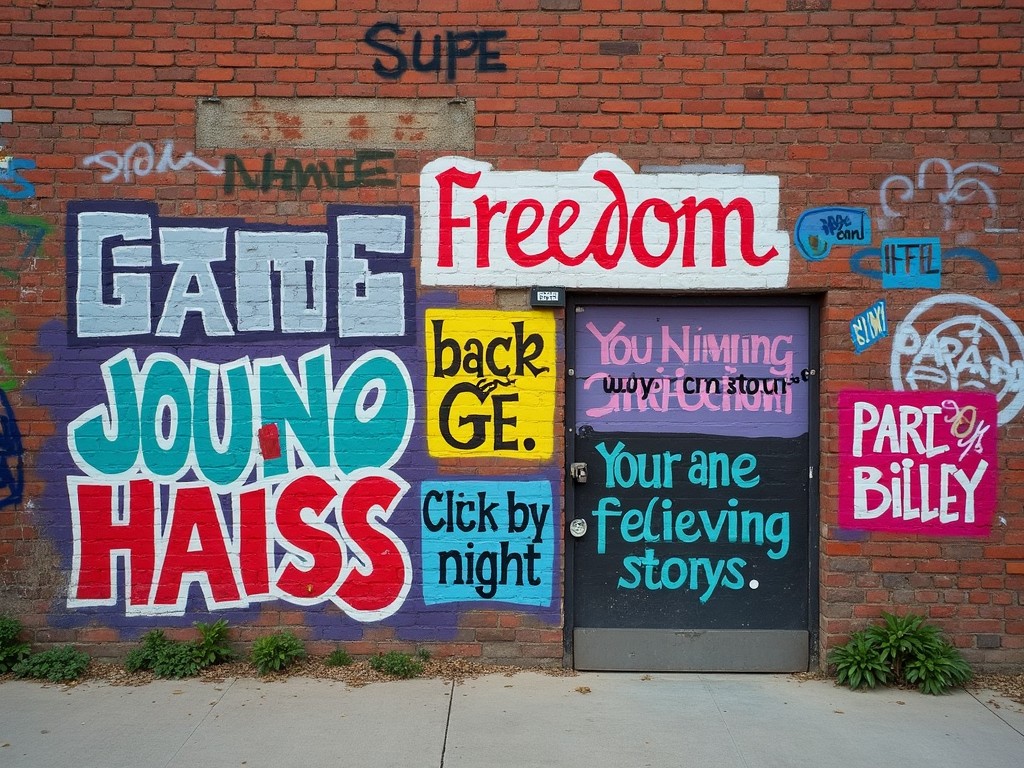 A vibrant graffiti mural featuring various colorful text and patterns on a brick wall, with words like 'Freedom' prominently displayed.