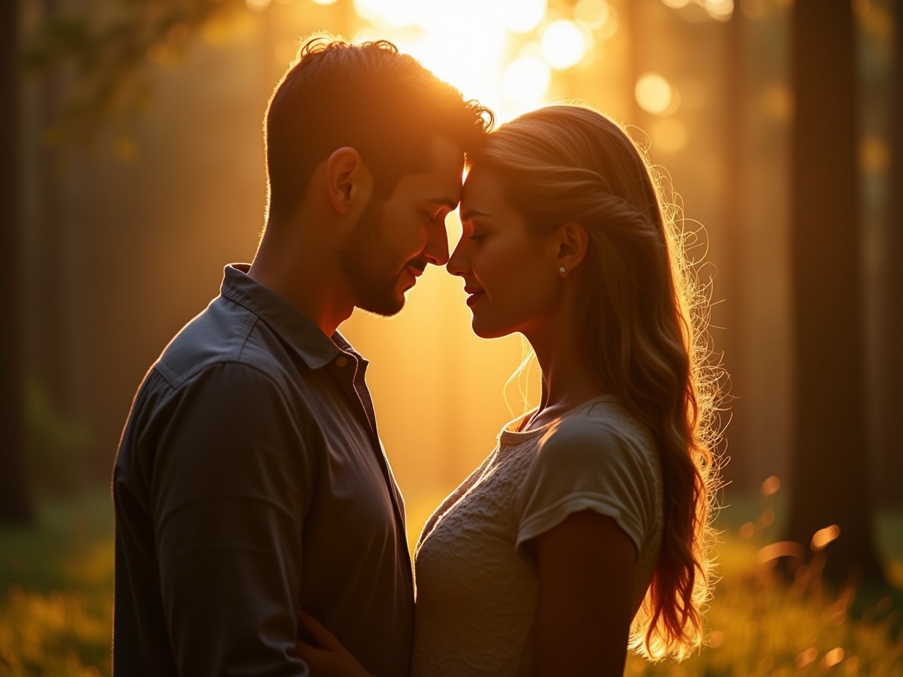 A couple lovingly embraces in a sun-drenched forest setting. The warm, golden light casts a romantic glow over their faces. They stand forehead to forehead, eyes closed in a moment of tender connection. The blurred background of the serene wooded environment enhances the intimate ambiance. This scene captures the essence of love and tranquility, reflecting a deep emotional bond between the couple.