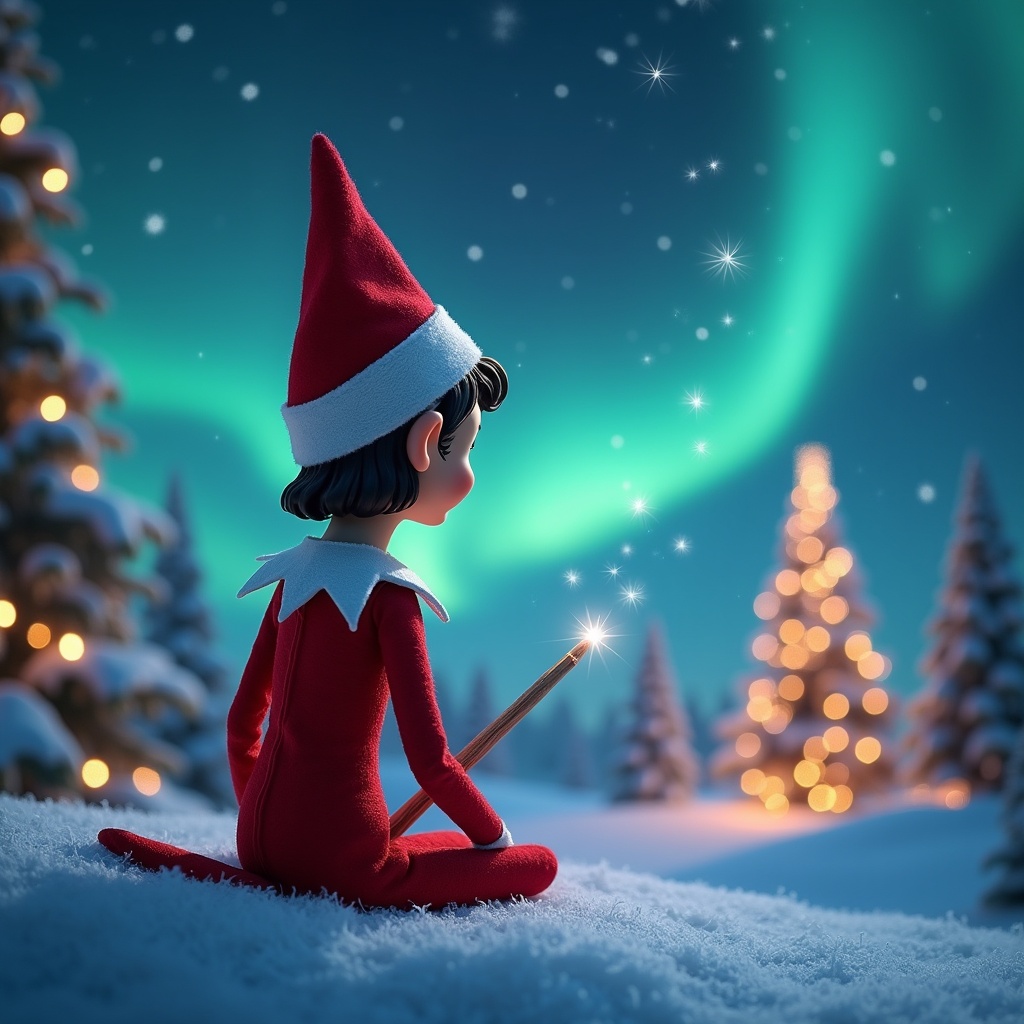 The scene features an elf character sitting on the snow, facing away from the viewer. She holds a sparkling wand, seemingly writing the name 'Isabelle' in the magical sky. The backdrop showcases glowing northern lights, enhancing the holiday spirit. Surrounding her is a serene winter landscape dotted with beautifully lit Christmas trees. The overall atmosphere is enchanting and festive, perfect for the Christmas season.