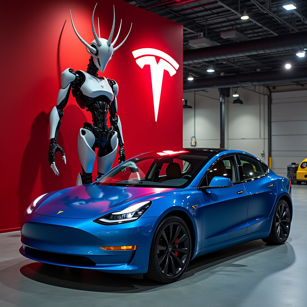 A striking scene with a blue electric car and a futuristic humanoid robot against a bold red backdrop featuring a logo.