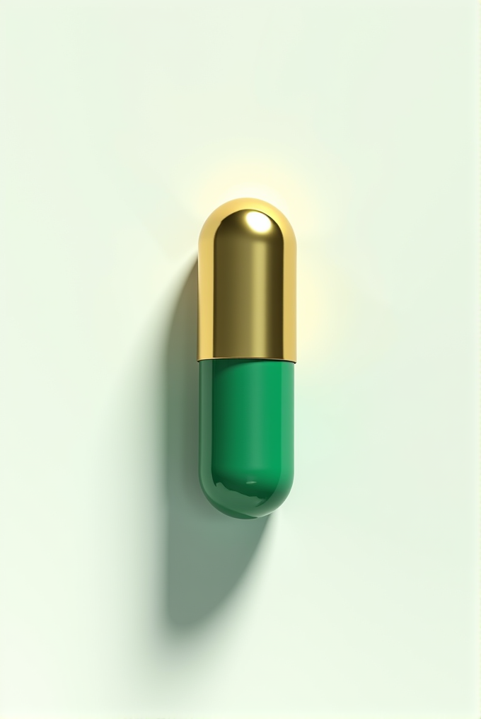 A shiny, metallic gold and green capsule with a smooth, glossy surface is centered against a plain, light background.