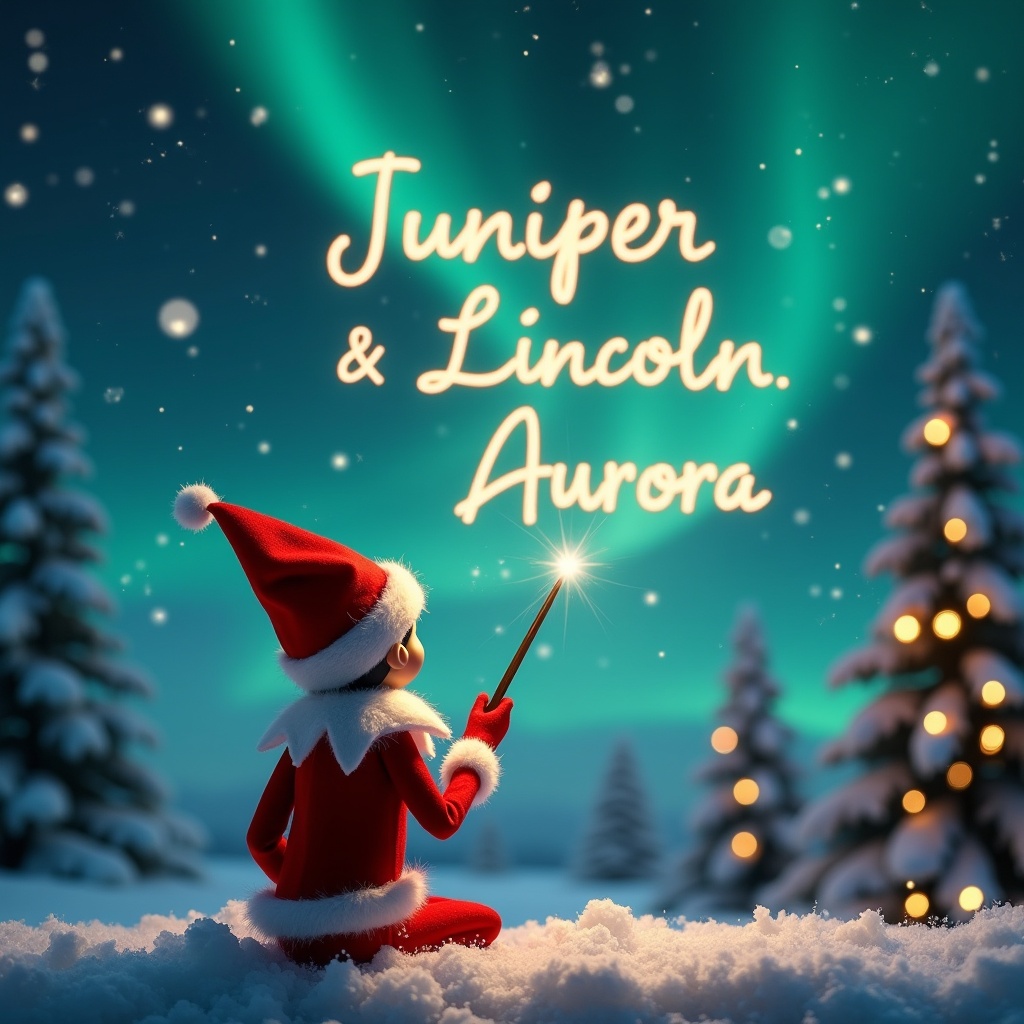 An enchanting scene depicts an elf on the shelf, seated with its back turned and gazing up at the night sky. The elf holds a sparkling wand, using it to write in elegant script in the stars. The background features magical northern lights illuminating a snowy landscape filled with tall pine trees. 'Juniper & Lincoln. Aurora' appears in shimmering letters against the celestial backdrop. The atmosphere is whimsical and festive, perfect for the holiday season. The elf radiates joy and hope as it plays a central role in this Christmas fantasy.