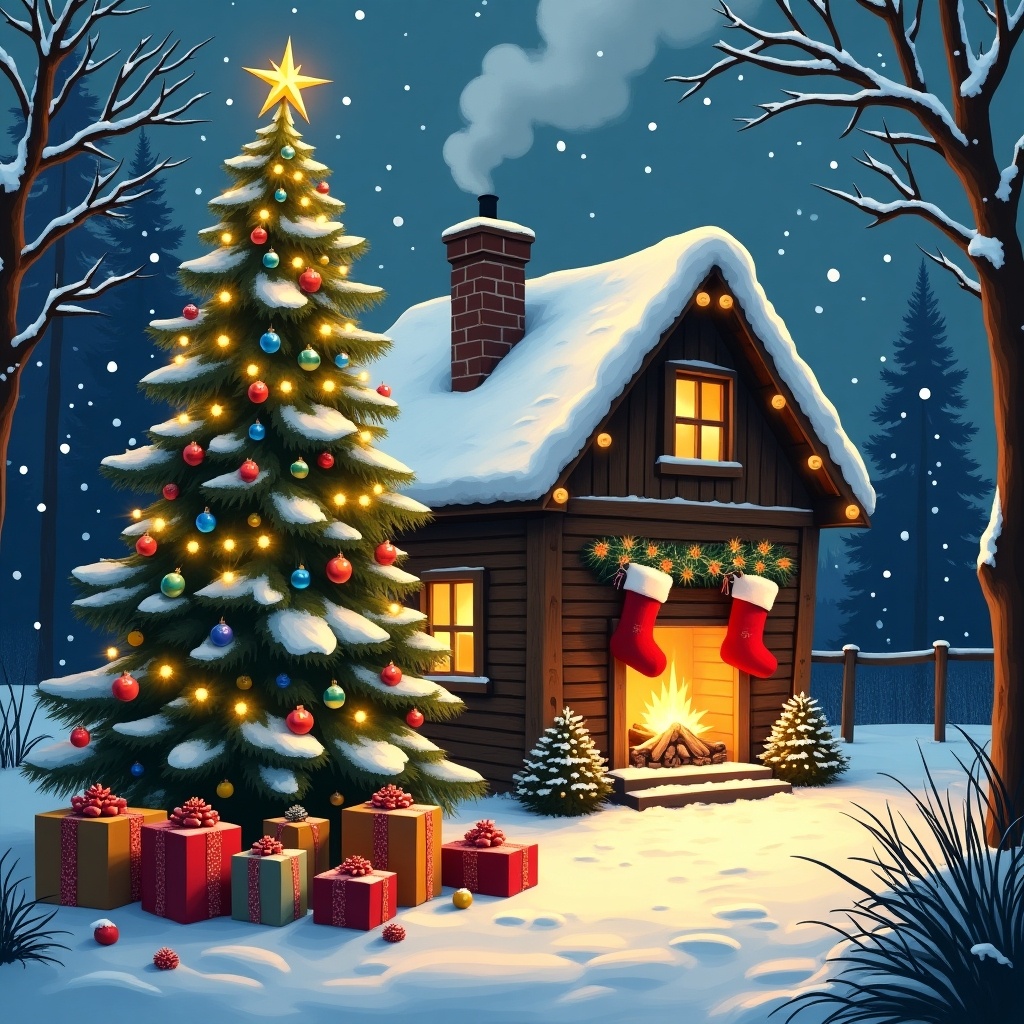 The image depicts a cozy wooden cabin in a snowy landscape during Christmas. A beautifully decorated Christmas tree stands on the left, adorned with colorful ornaments and lights. In front of the cabin, there are neatly wrapped presents. The cabin features a chimney with smoke billowing out, and it's warmly lit from within. Snow gently falls around, enhancing the festive atmosphere. The scene is peaceful and inviting, perfect for holiday celebrations.