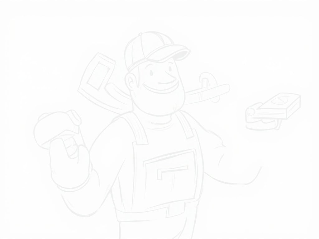 Funny black and white cartoon of a cheerful carpenter. The carpenter wears a cap and overalls with a light blue shirt. He has a pencil behind his ear. In one hand, he holds a piece of wood and saw. The other hand gives a thumbs-up. A hammer is tucked in his tool belt. The illustration captures the readiness of a hardworking carpenter.