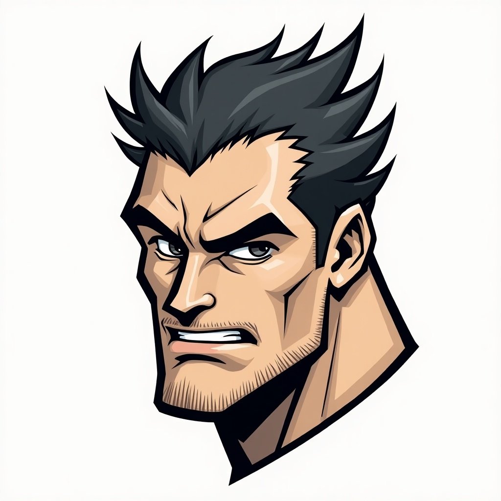 Artistic representation of a stylized character face. Head in side profile view. Defined hair spikes and an angular jawline. Suitable for digital art and merchandise.