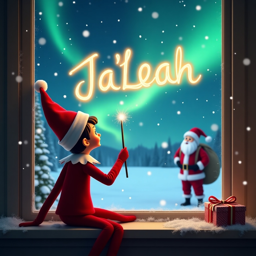 An elf on the shelf is sitting by a window, joyfully writing the name 'Ja’Leah' in glowing letters with a wand. The magical scene features a winter wonderland illuminated by vibrant northern lights. In the background, Santa Claus carries a bag of gifts, adding to the festive atmosphere. The elf's red outfit stands out against the snowy landscape, creating a heartwarming holiday vibe. Snowflakes gently fall outside the window, enhancing the winter magic. This enchanting moment captures the spirit of Christmas wonder and joy.