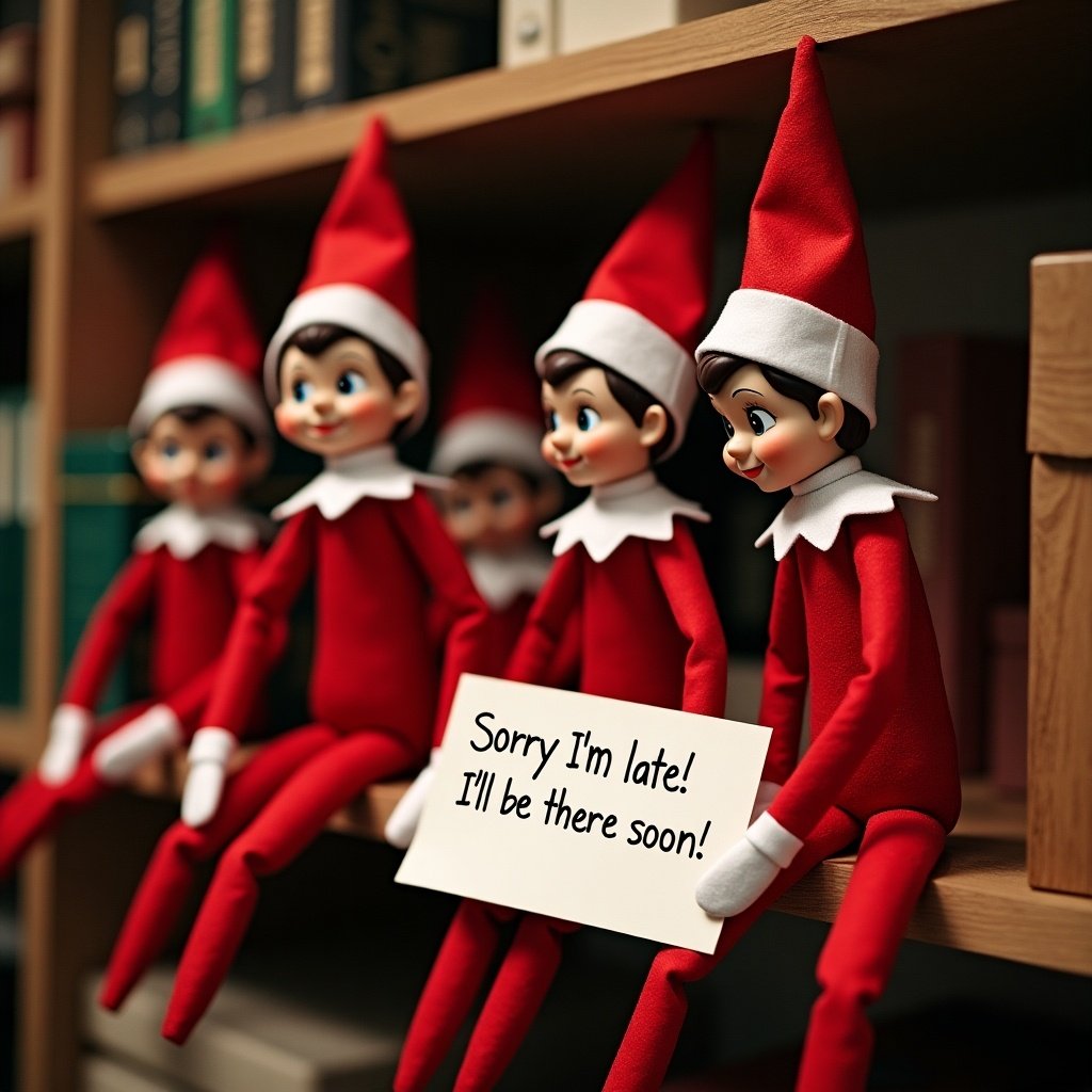 The image features a playful scene with several elves sitting on a wooden shelf. Each elf is dressed in a vibrant red outfit with white collars. One of the elves is prominently holding a sign that reads, 'Sorry I’m late! I’ll be there soon!' The setting is cozy, filled with books and hints of a holiday atmosphere. The elves have charming expressions that evoke a sense of fun and anticipation for the holiday season. This scene captures the whimsical spirit associated with Christmas and the popular 'Elf on the Shelf' tradition.