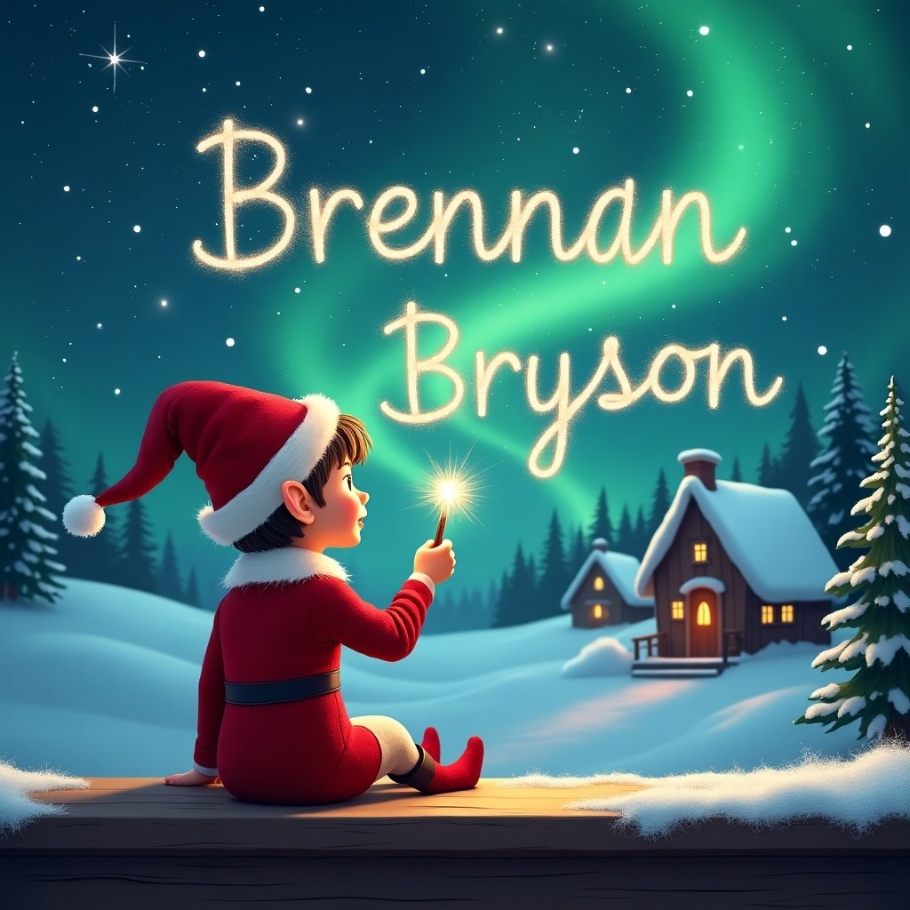 An elf sits on a wooden ledge, gazing at a magical sky. The elf wears a red outfit with a pointed hat, holding a sparkling wand. The names 'Brennan' and 'Bryson' are written in the sky. Background features snowy landscape with houses and evergreen trees under Northern Lights.