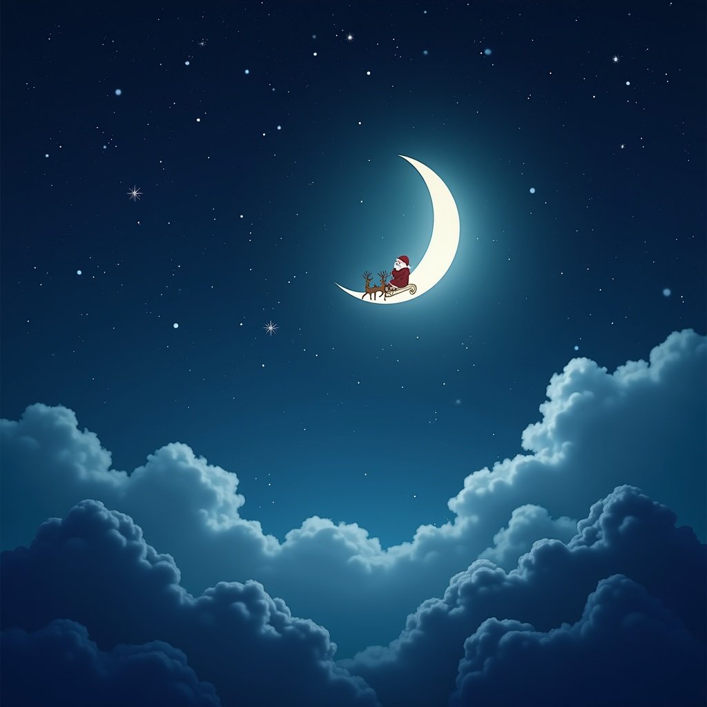 Night sky with deep navy and midnight blue. Full moon floating with Santa Claus and reindeers. Wispy clouds below. Soft moonlight creating tranquility. Stars scattered throughout. Little snow enhancing the scene.