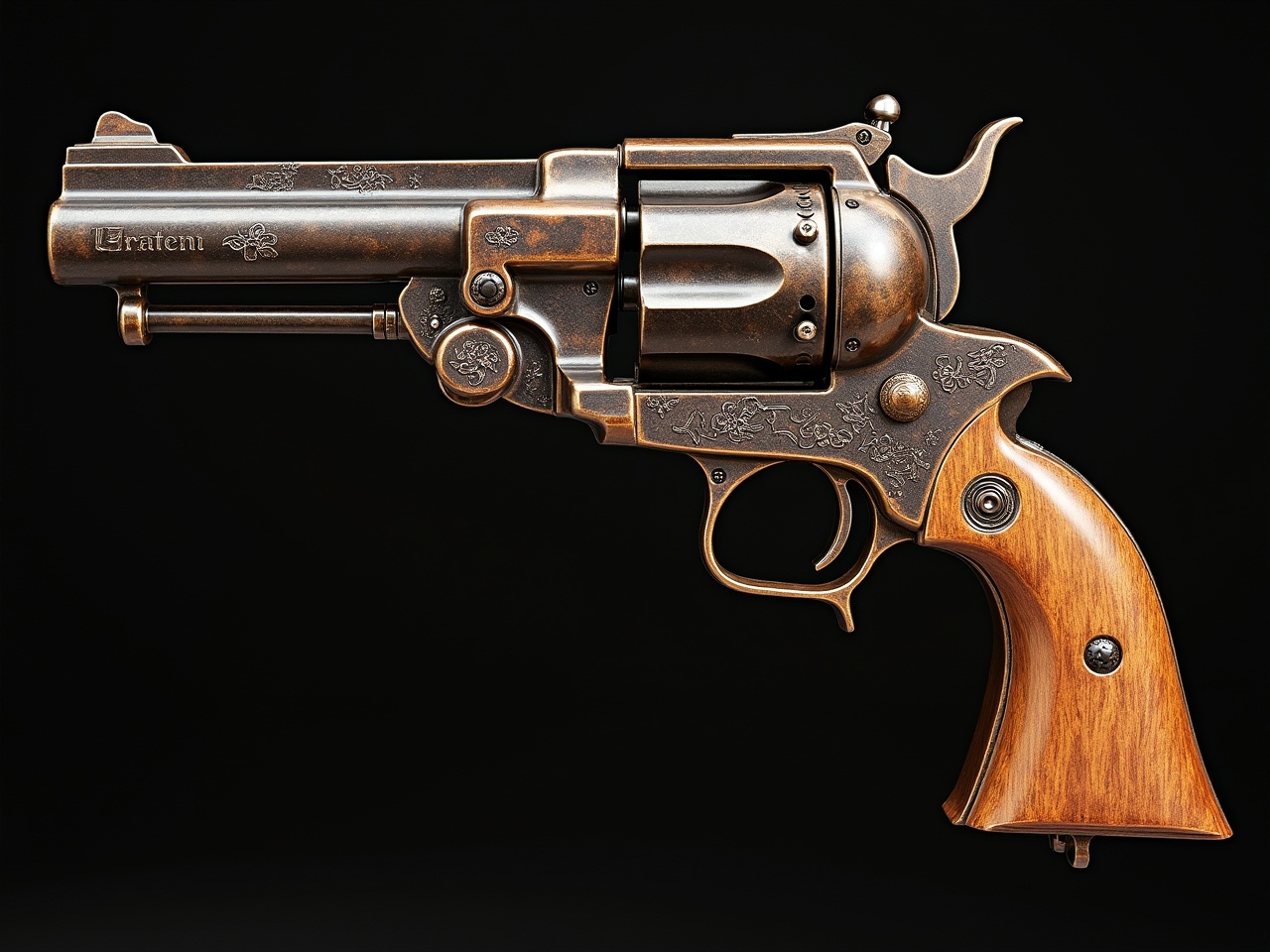 The image features a beautifully crafted revolver with intricate engravings. The handle is made of polished wood, contrasting with the bronze metal of the gun body. This vintage firearm is showcased against a black background, allowing for dramatic lighting effects. The angle gives a clear view of the cylinder and the trigger. It embodies a sense of history and craftsmanship, perfect for collectors or historical enthusiasts.