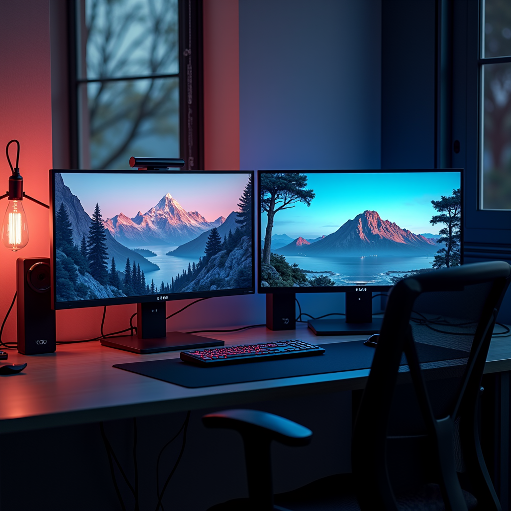 A modern desk setup features two large monitors displaying vibrant mountain landscapes, illuminated by a warm, ambient bulb, creating a cozy and focused workspace.