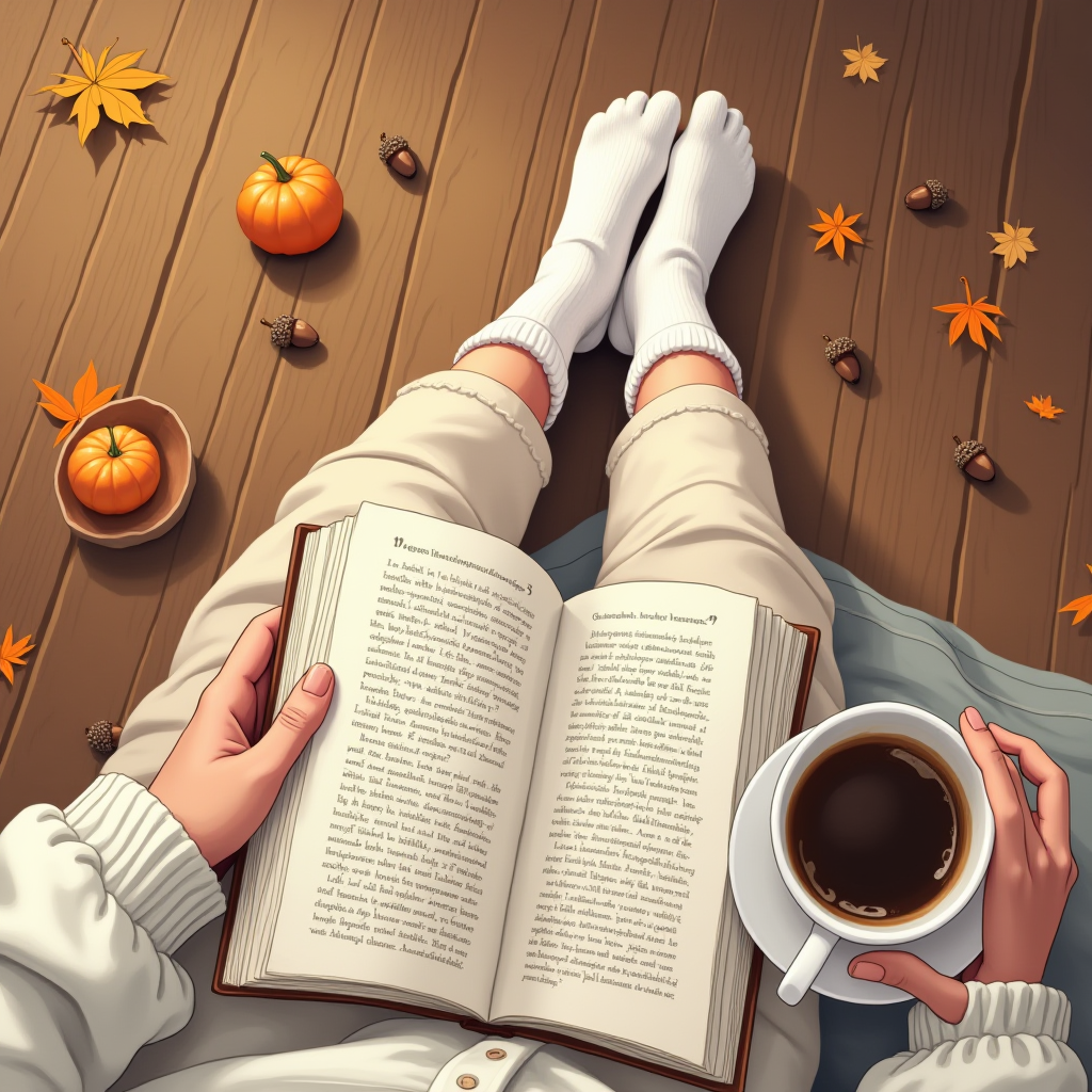 The image captures a cozy, autumn-themed scene from a first-person perspective. Two legs clad in white socks are seen stretched out on a wooden floor adorned with scattered fall leaves and acorns. A person is holding an open book in one hand, reading comfortably. In the other hand, they hold a cup of coffee. There are a couple of small pumpkins and more acorns dotting the floor, enhancing the seasonal theme. The atmosphere exudes warmth and relaxation, ideal for a peaceful reading session in the fall.