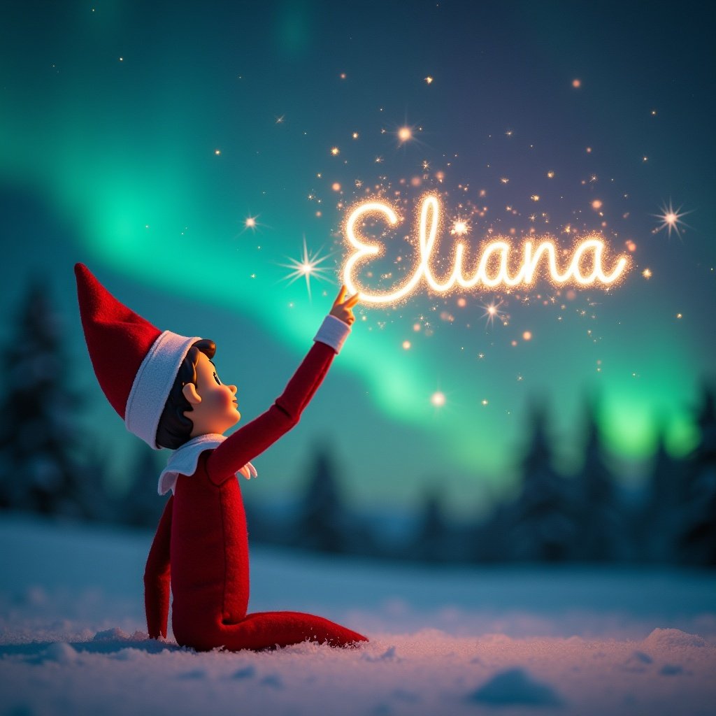 This image captures a charming scene featuring a girl elf on the shelf. The elf is dressed in a classic red outfit and is positioned with its back to the viewer. It gazes upwards towards a captivating sky illuminated by vibrant northern lights. In one hand, the elf holds a magic wand, which it uses to elegantly write the name Eliana in sparkling letters above. The snowy ground enhances the serene and magical atmosphere of this holiday moment.