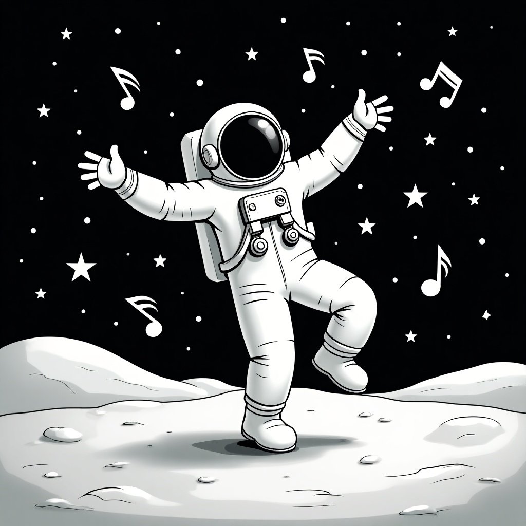 Astronaut performing a dance on the moon wearing a white space suit. One foot extended backward balanced on the tip of the other toe. Arms are outstretched. Surrounding musical notes and stars create a lively atmosphere. Starry sky in background.